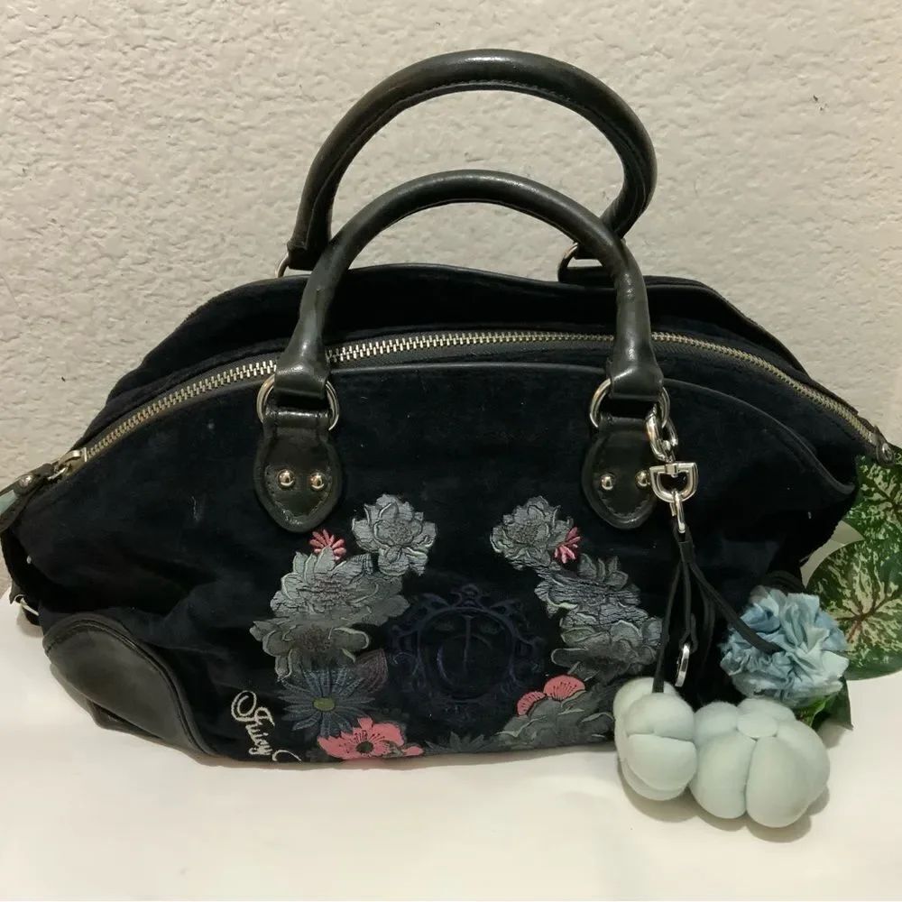 Vintage Black Juicy Couture Purse Satchel Bag Floral Flowers Y2K Velour Beverly